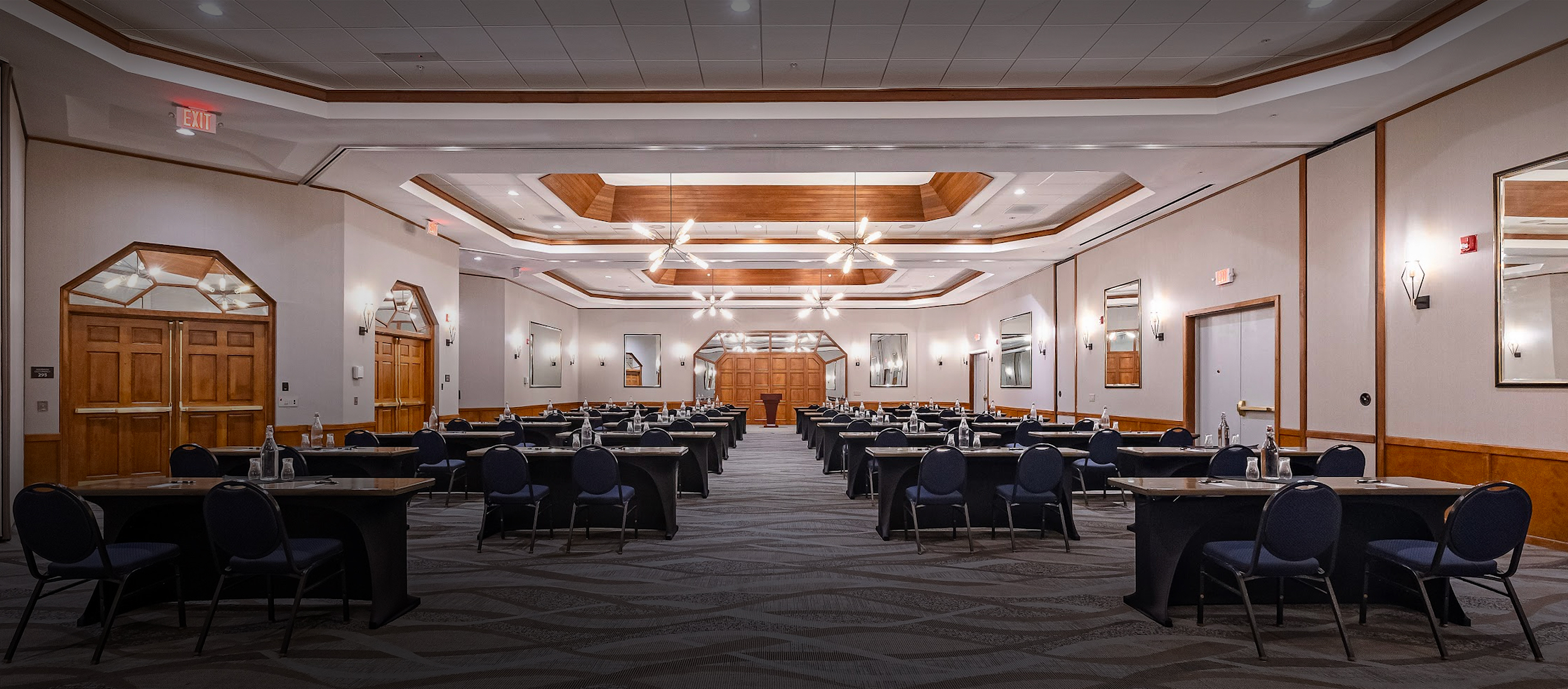 meeting space with classroom tables and chairs