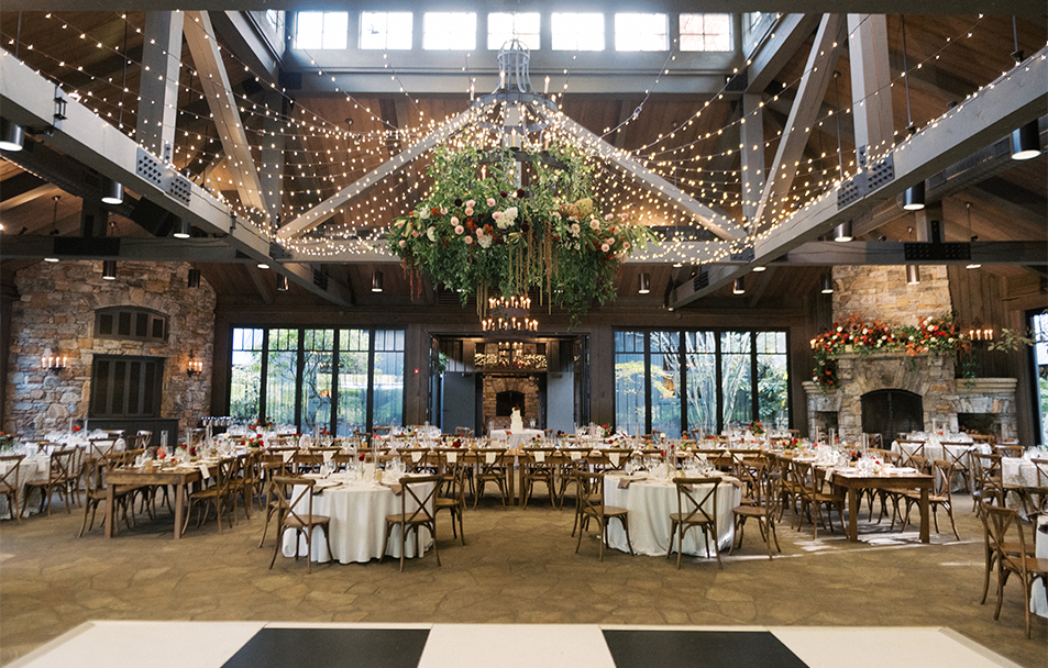 a large room with tables and chairs