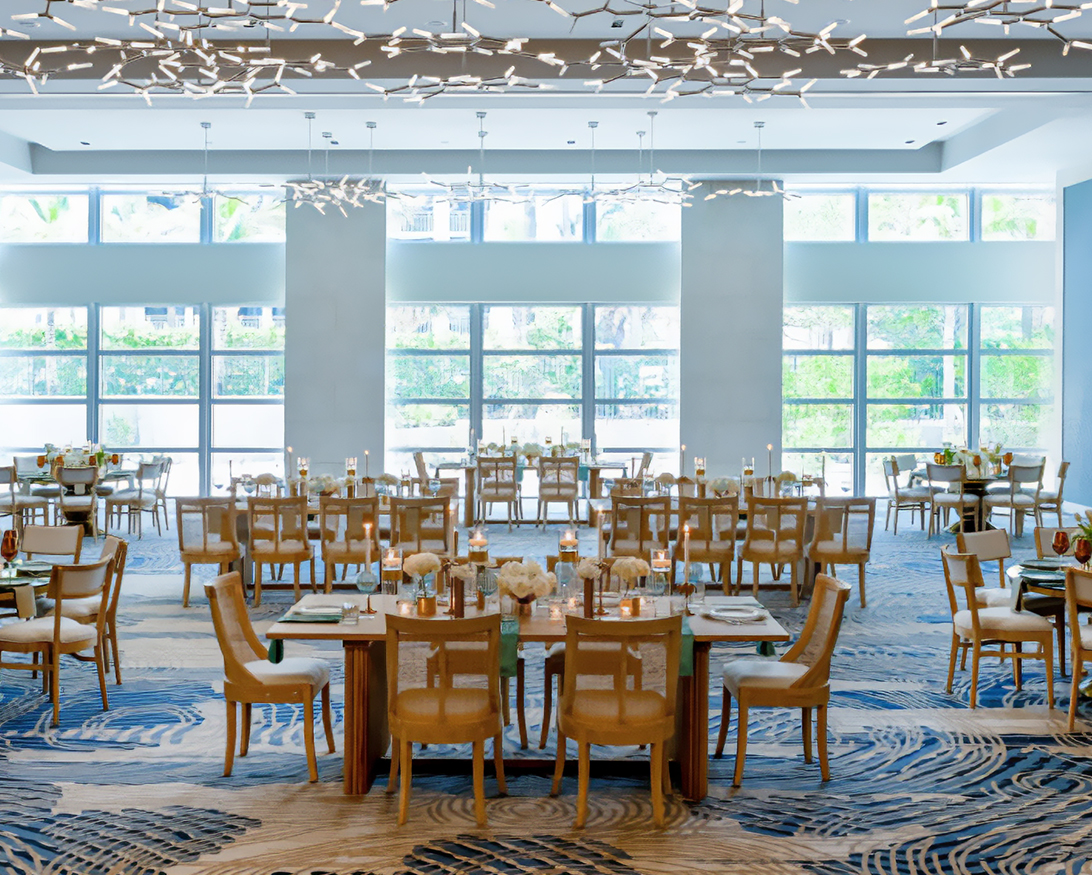 a room with tables and chairs