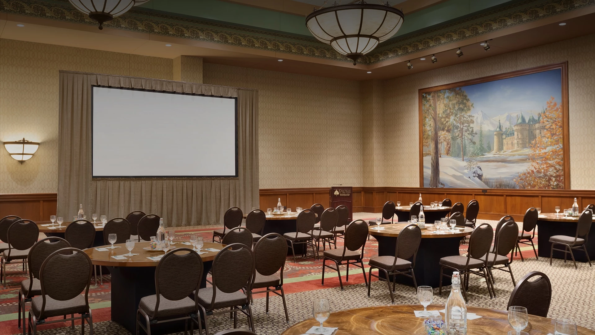 a room with tables and chairs