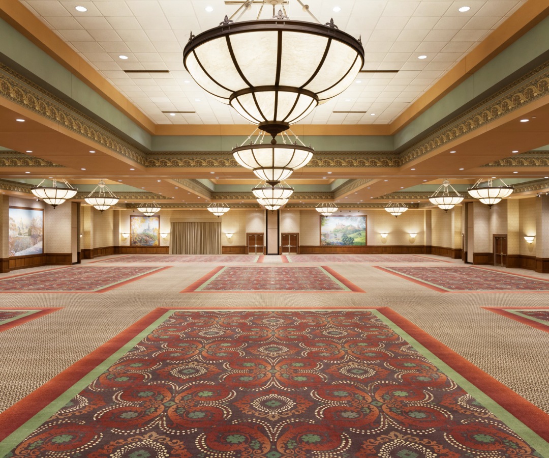 a large room with a large chandelier