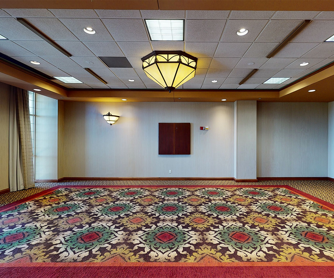 a room with a patterned carpet and a light fixture