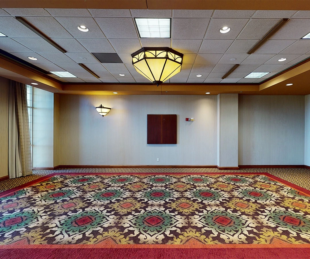 a room with a patterned carpet and a light fixture