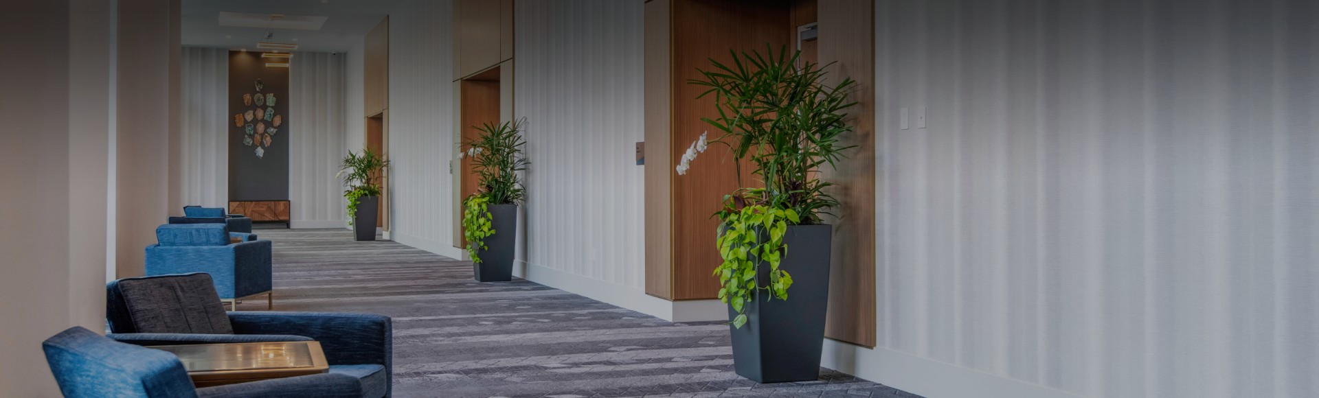 a ballroom lobby with planters and chairs