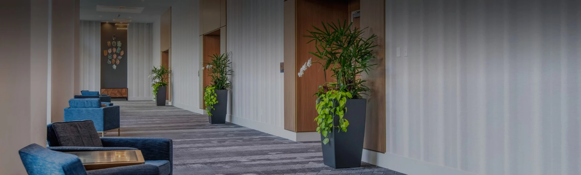 a ballroom lobby with planters and chairs