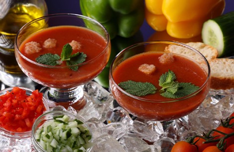a group of glasses of soup
