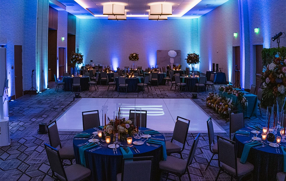 a room with tables and chairs