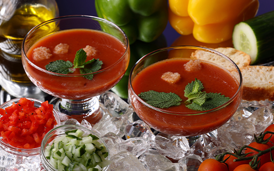 a group of glasses of soup