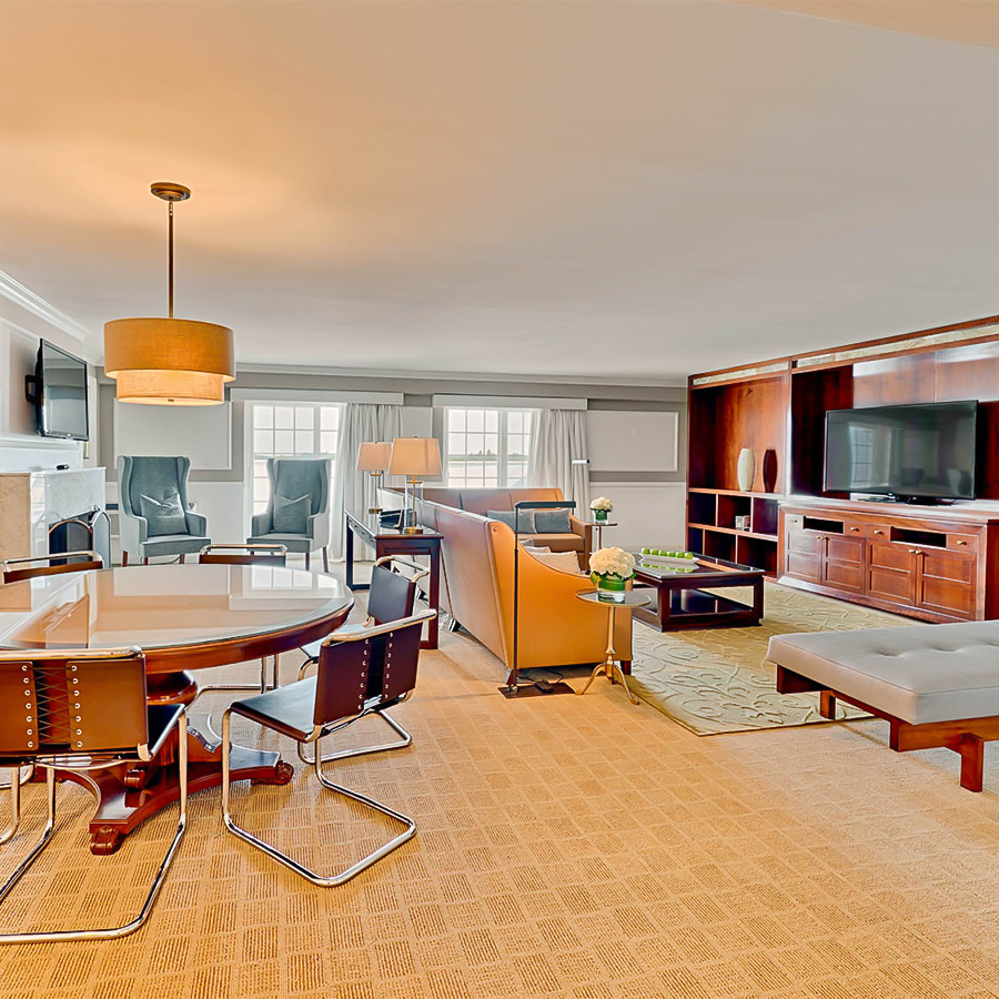 a room with a television and a table
