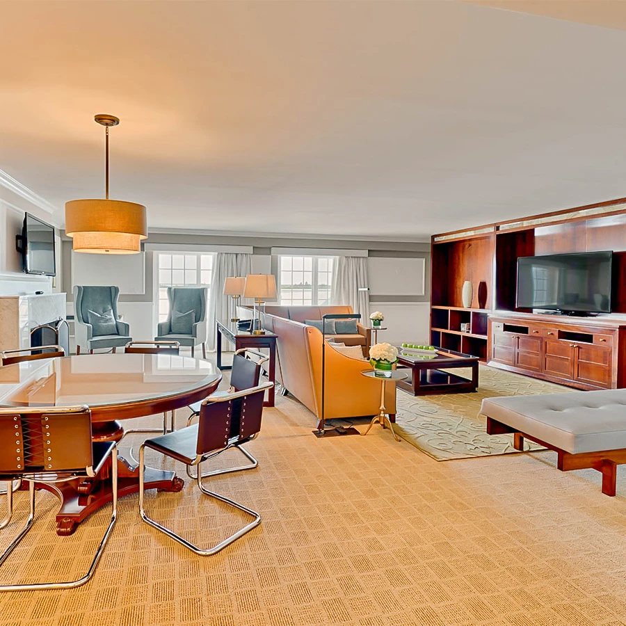 a room with a television and a table