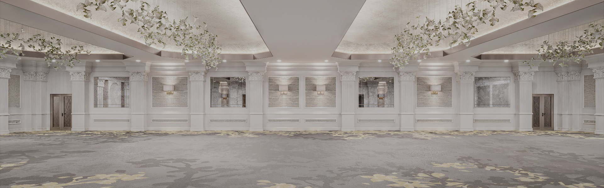 a room with columns and mirrors