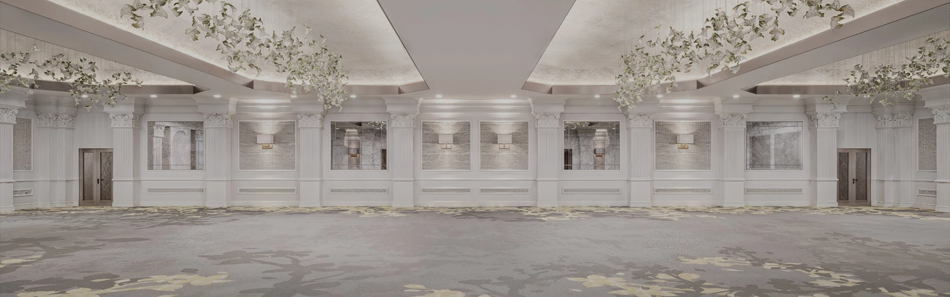 a room with columns and mirrors