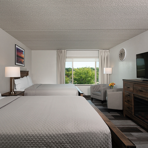 a room with two beds and a television