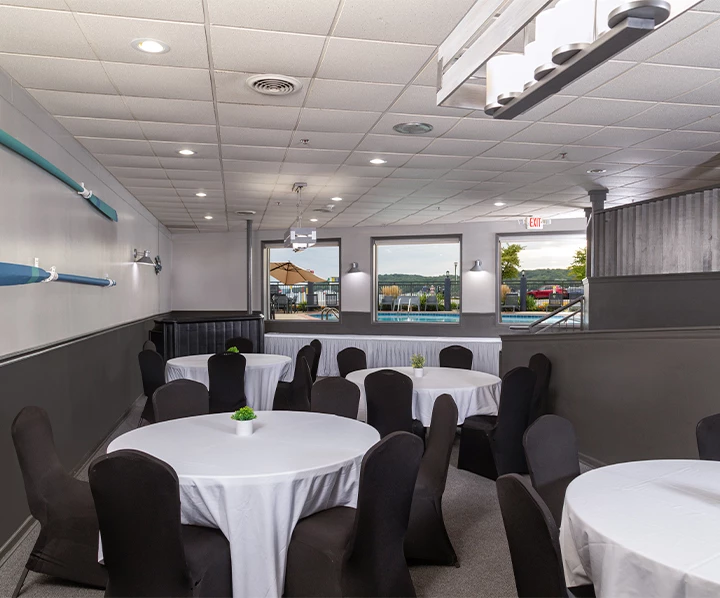 a room with tables and chairs