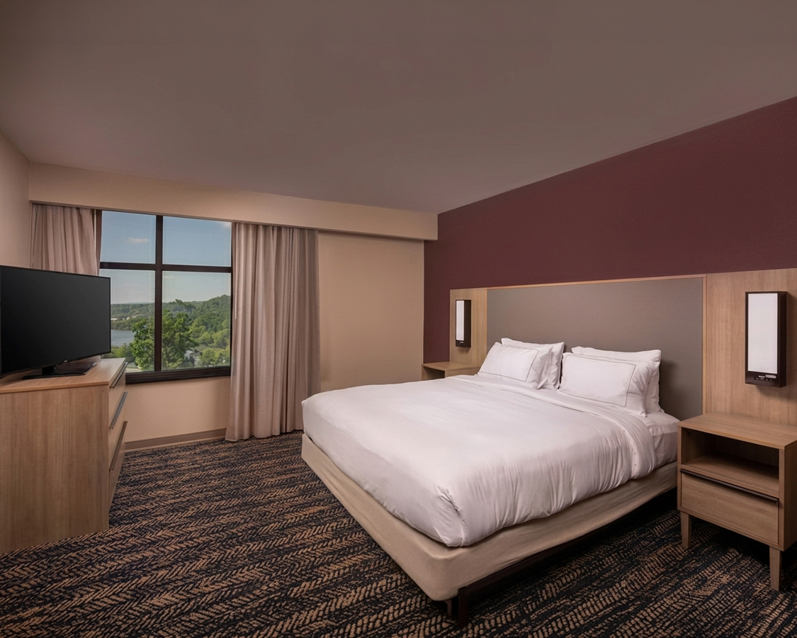 a room with a bed and a television