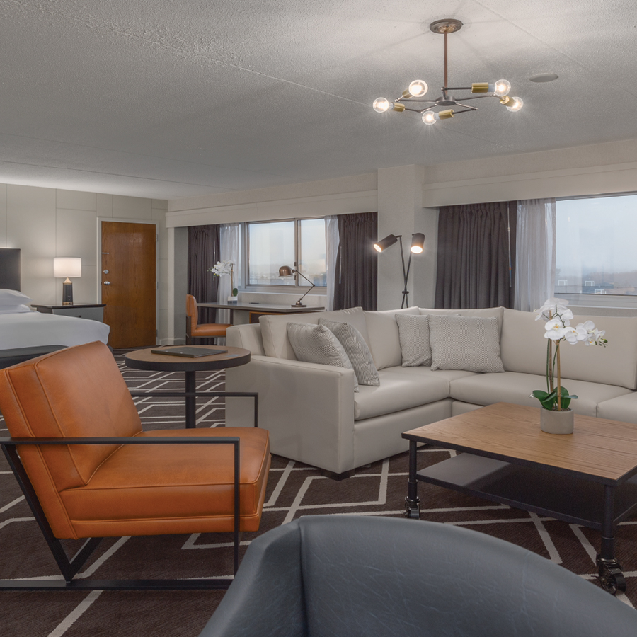 a room with a couch and a bed