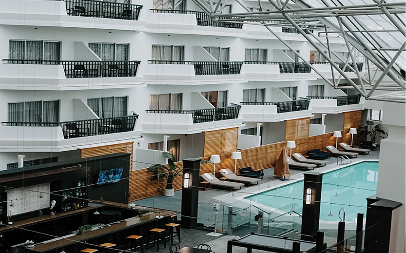 a pool in a hotel