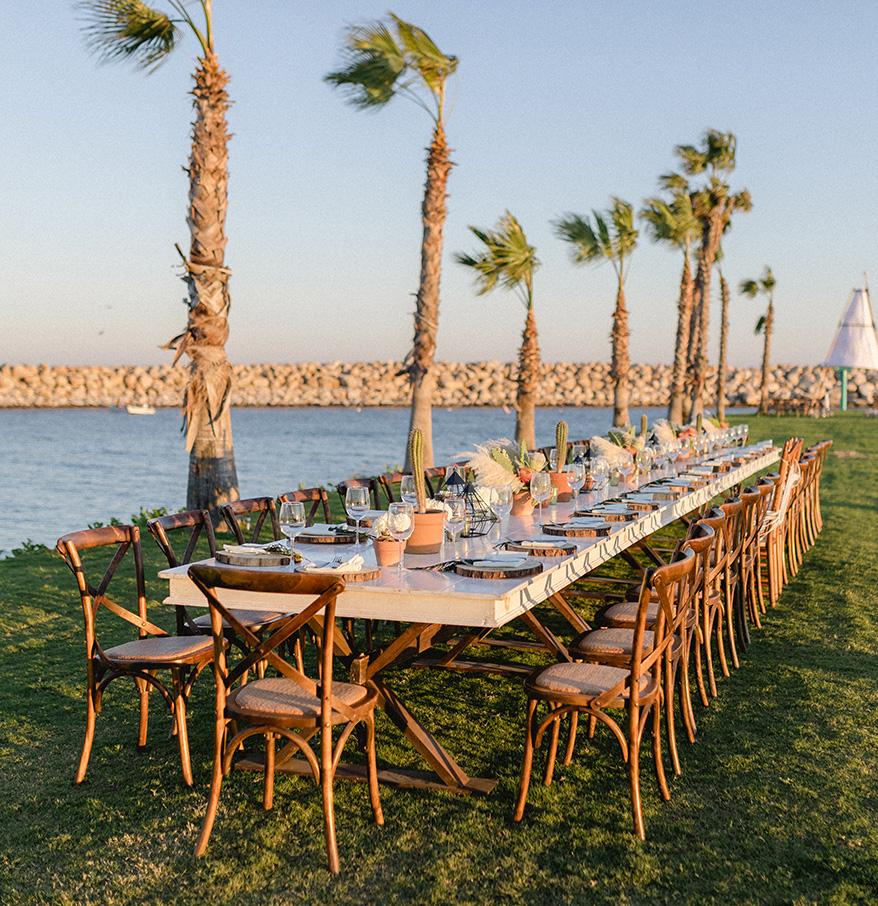 a long table with plates and glasses on it and a row of chairs on grass