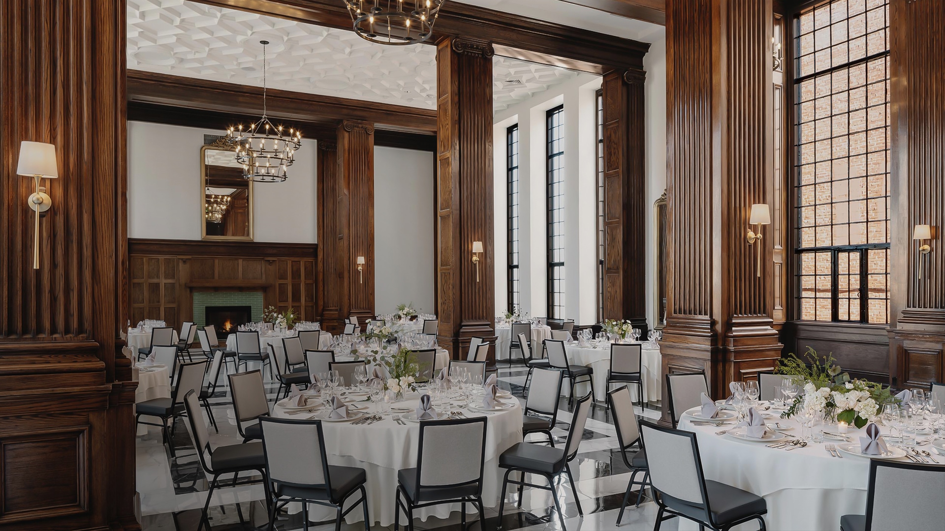 a room with tables and chairs