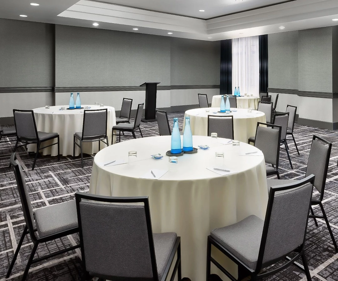 a room with tables and chairs