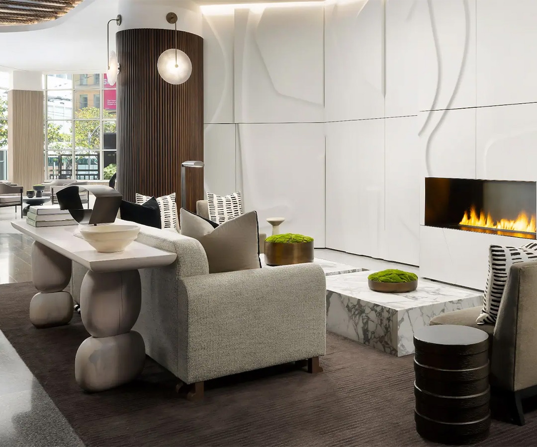 a room with a fireplace and a couch