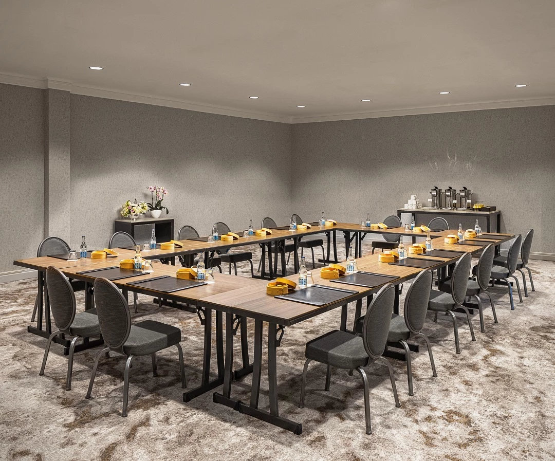 a room with a large table and chairs