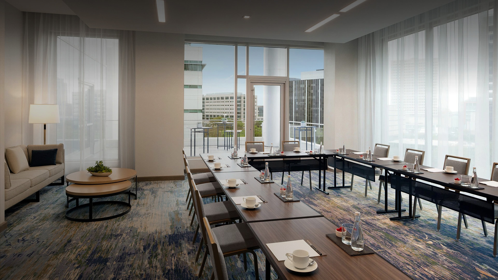 a room with tables and chairs