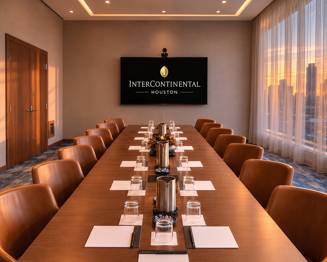 a conference room with a table with chairs and a television