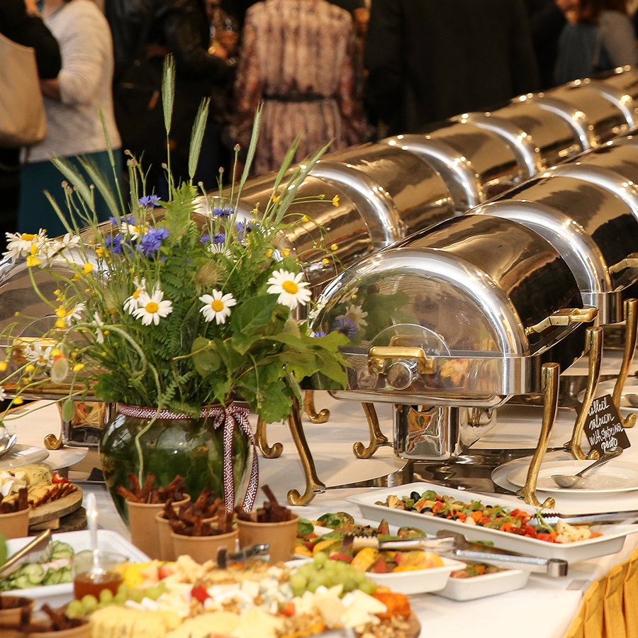 a buffet table with food on it