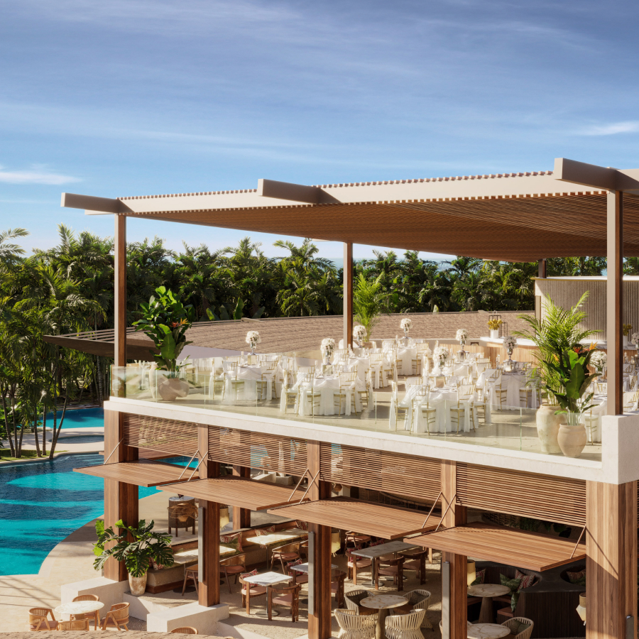 a restaurant with tables and chairs on a deck