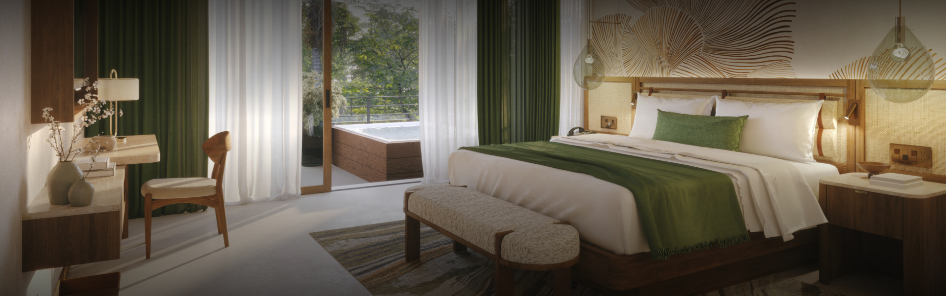 a bed with a bench in a room with a pool