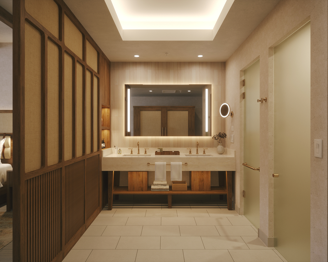 a bathroom with a large mirror and a sink
