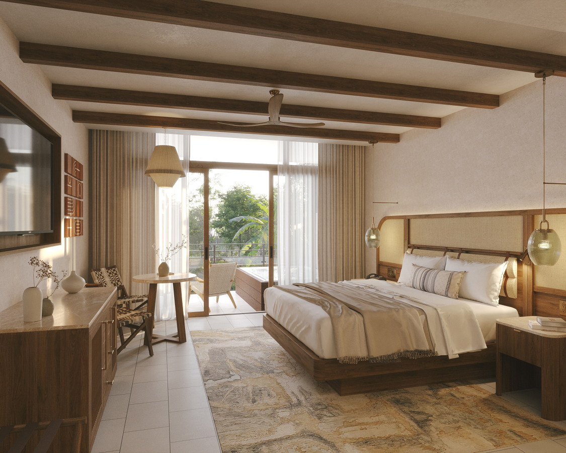 a bedroom with a bed and a desk