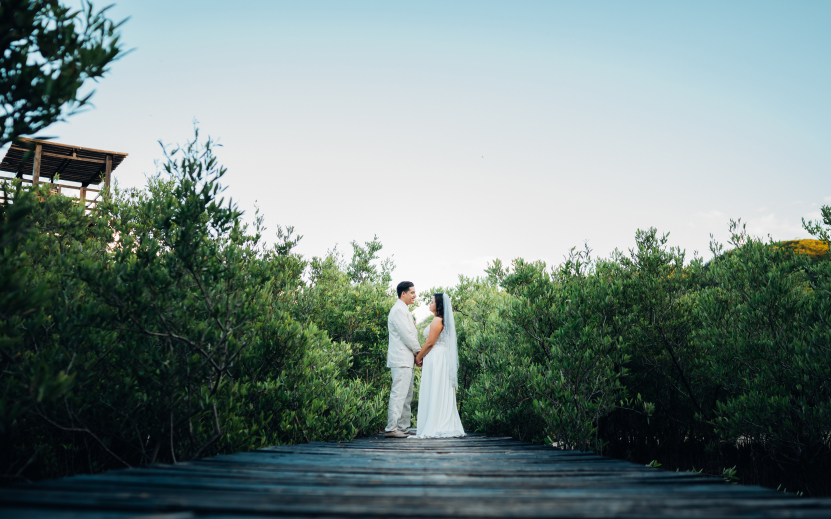 a man and woman holding hands on a wooden bridge with trees