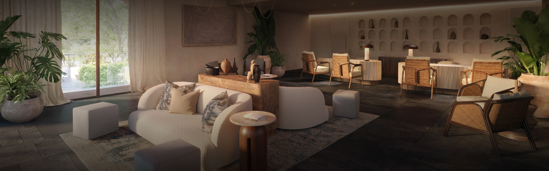 a living room with a couch and chairs