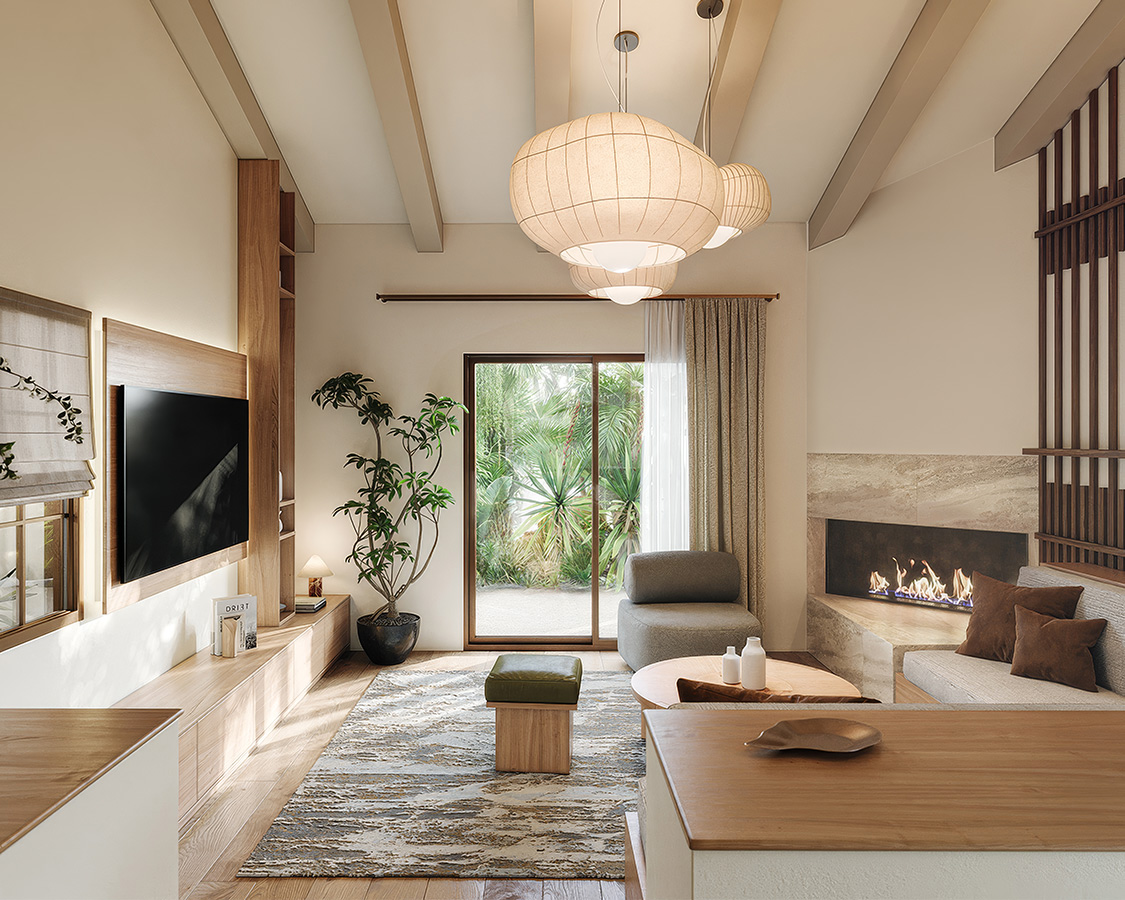 a living room with a fireplace and a tv