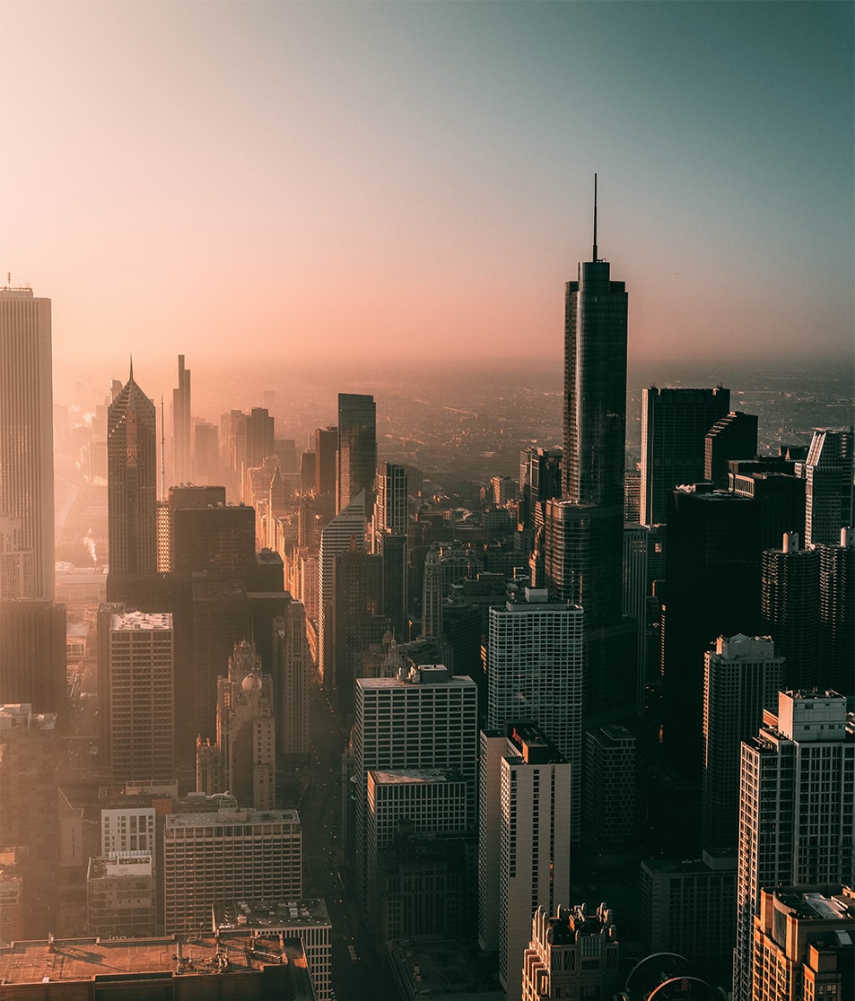 a city skyline at sunset