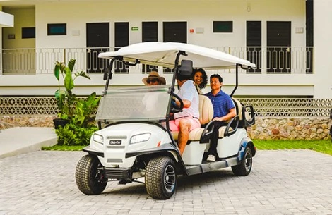 a group of people in a golf cart