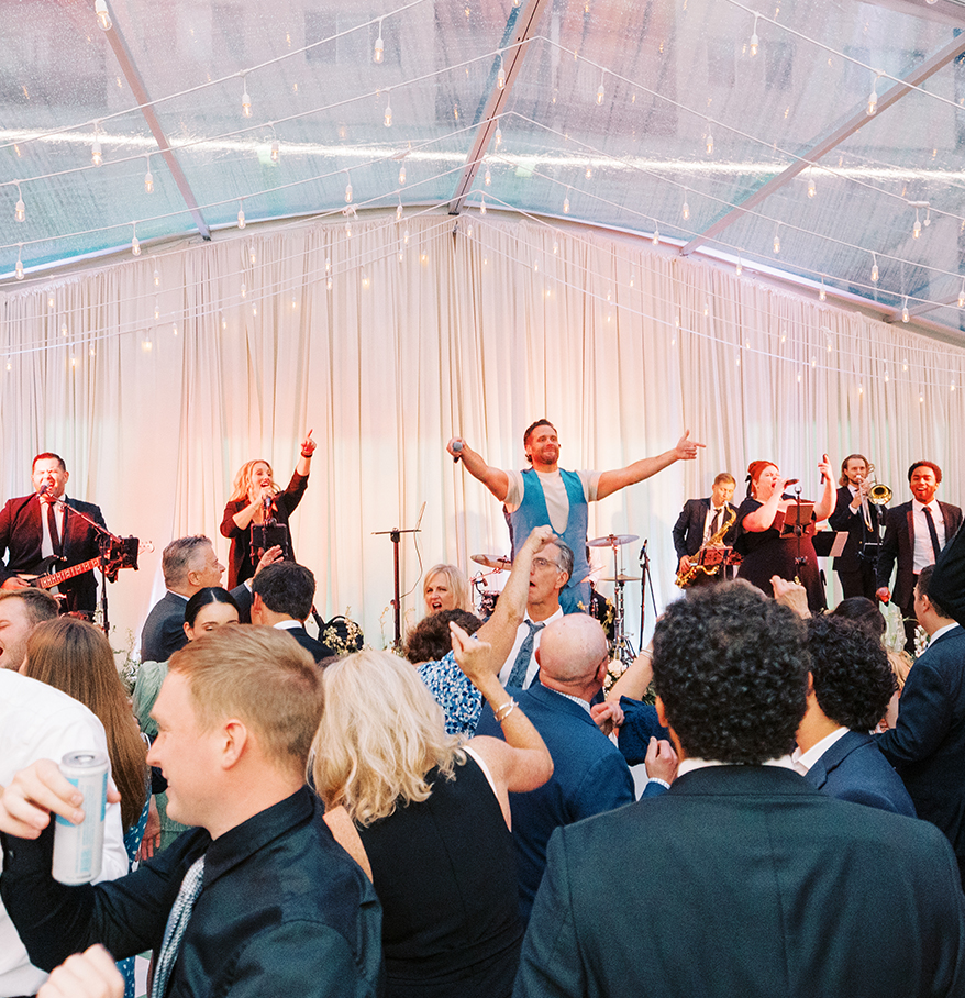 a group of people in a tent