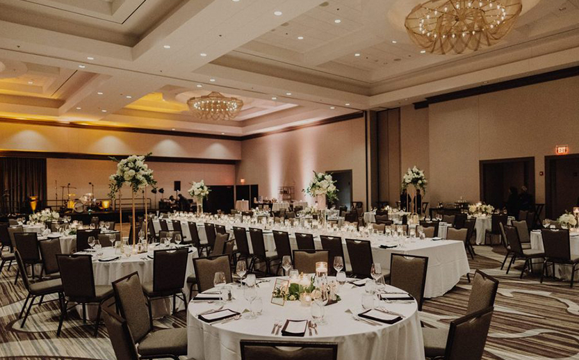 a large room with tables and chairs