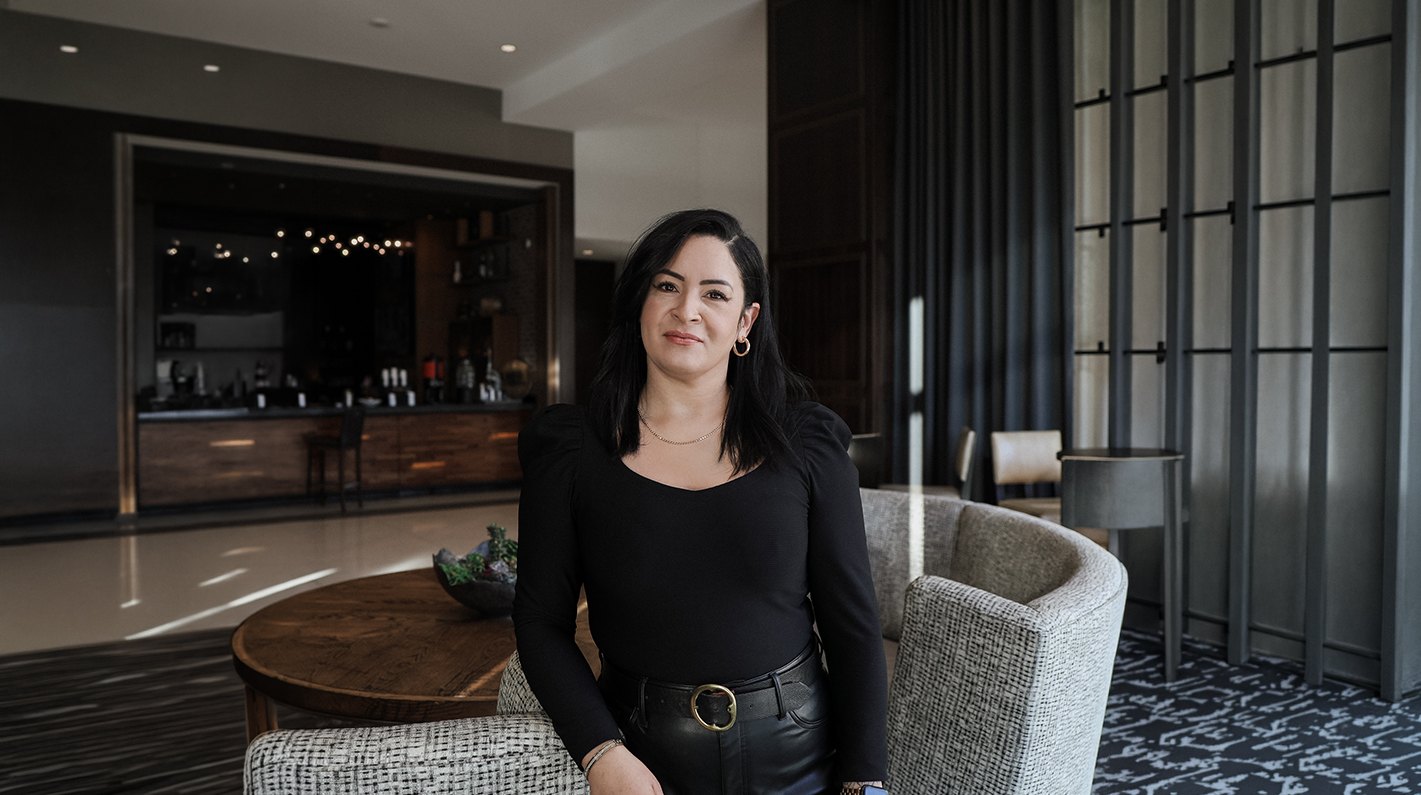 a woman in a black shirt