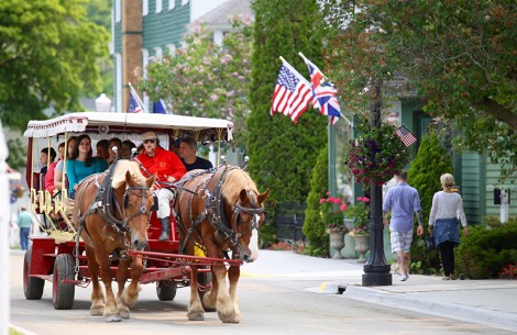 a group of people riding a horse carriage