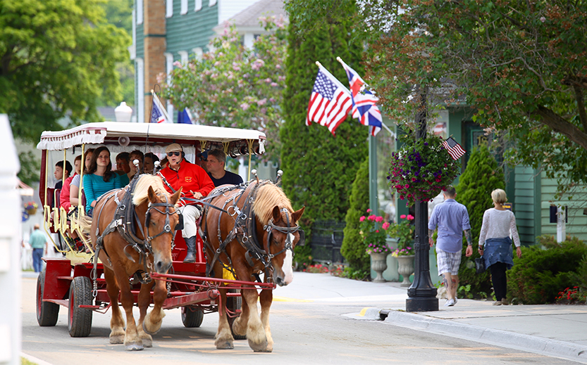 a group of people riding a horse carriage