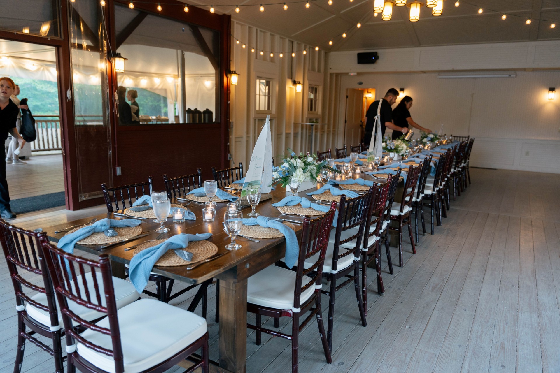 a long table set for a dinner party