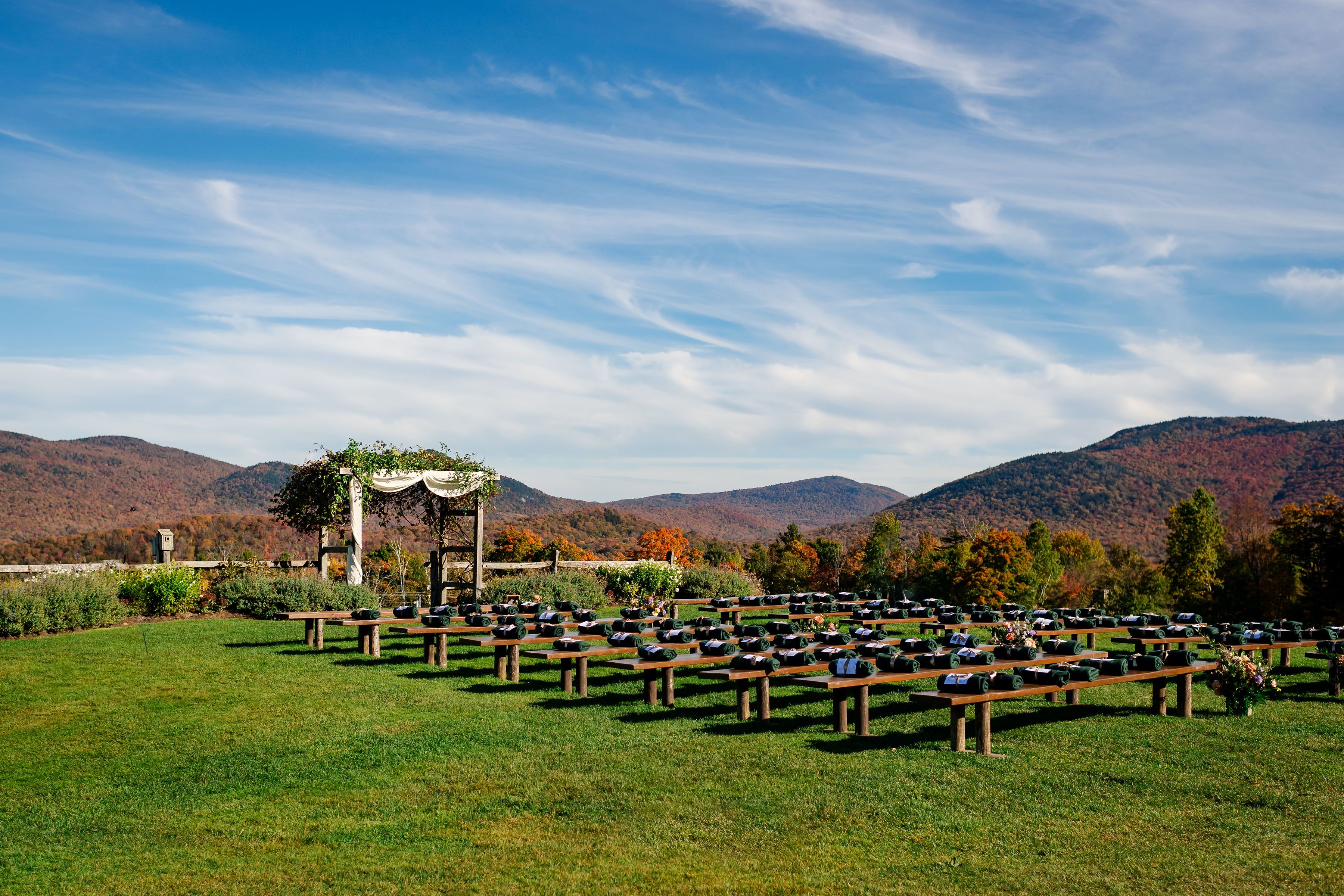 a group of tables in a field