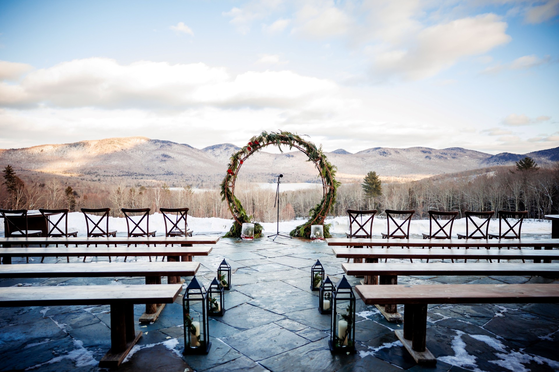 a wedding ceremony set up in the snow