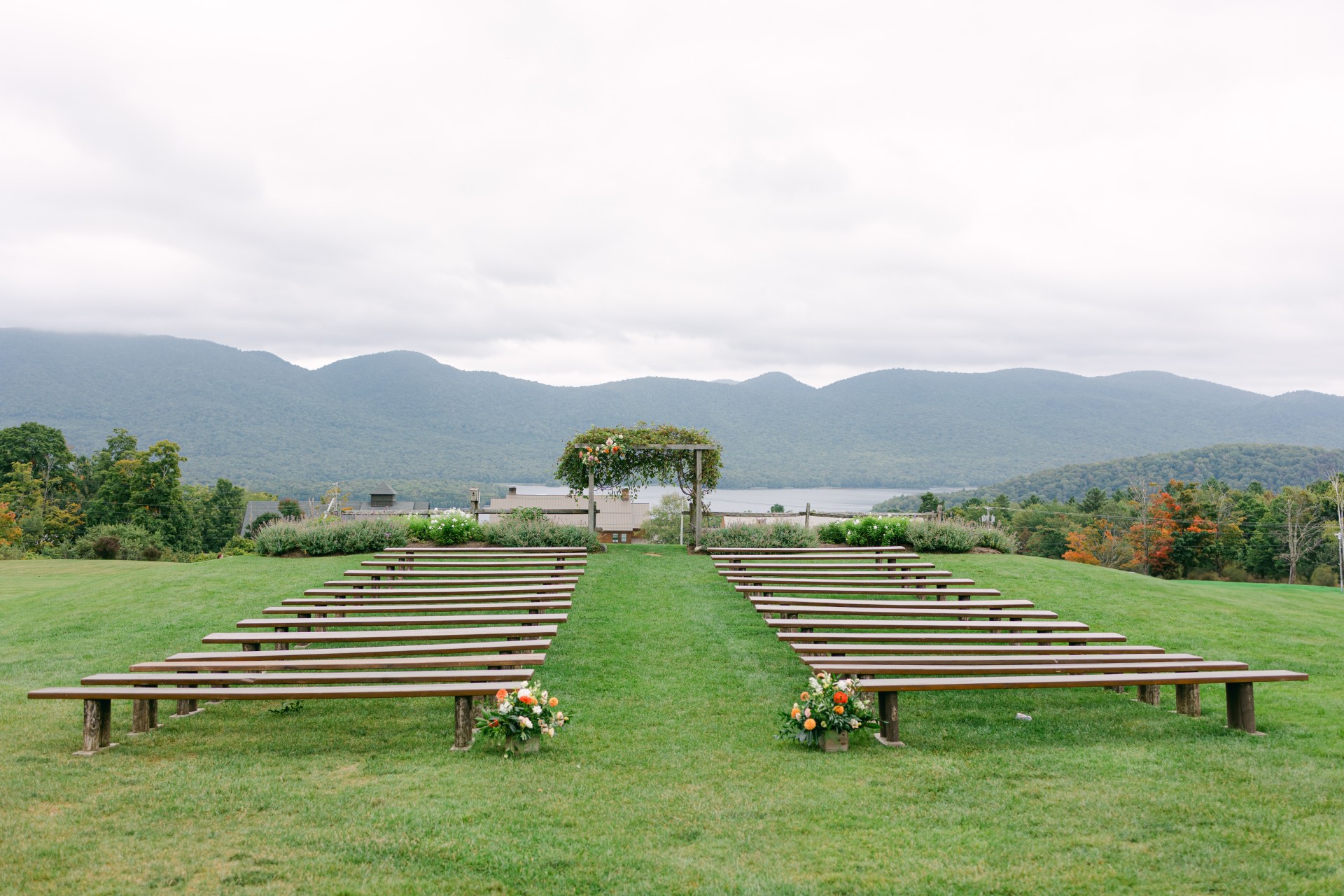 benches in a field with flowers
