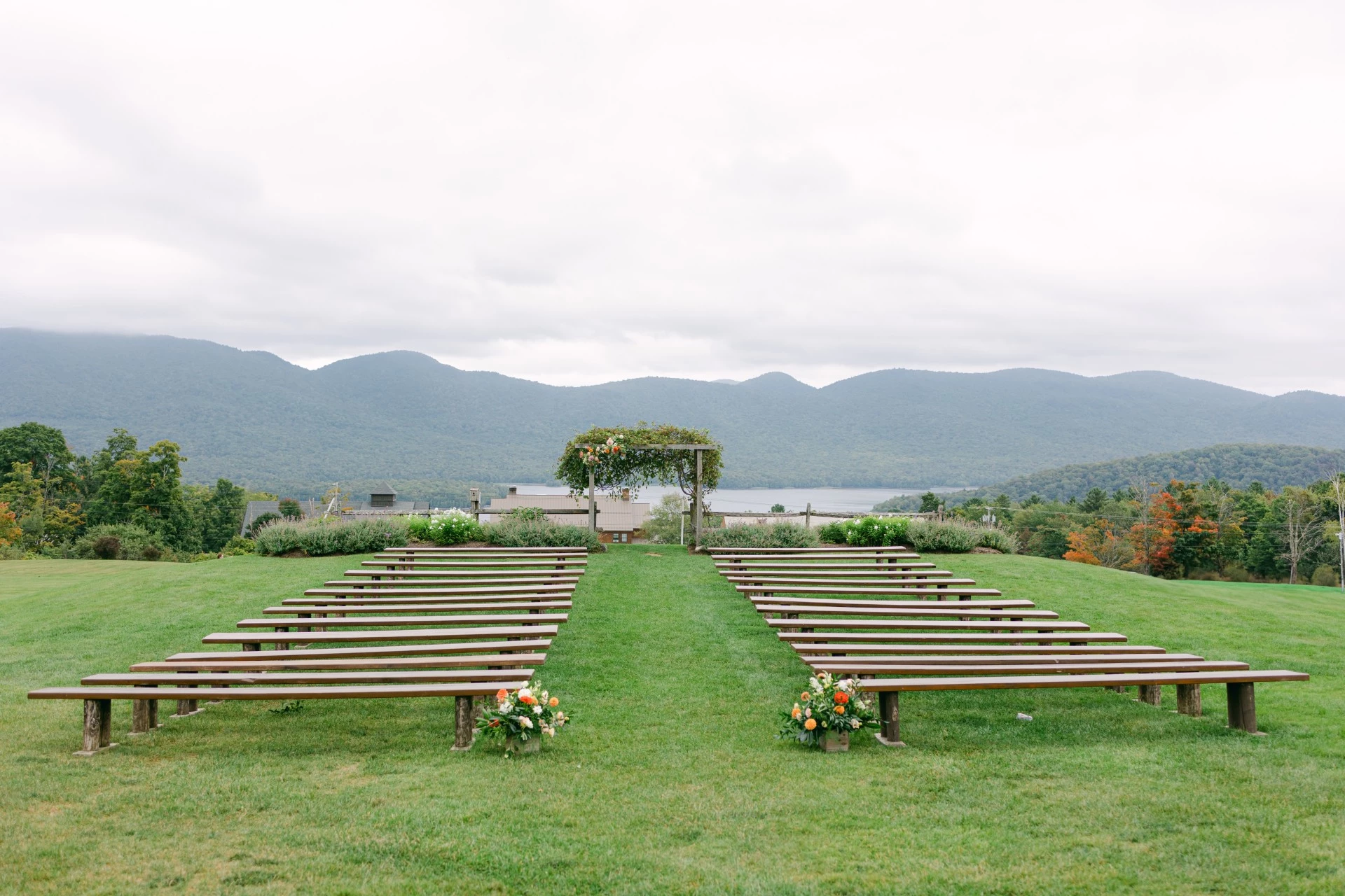 benches in a field with flowers