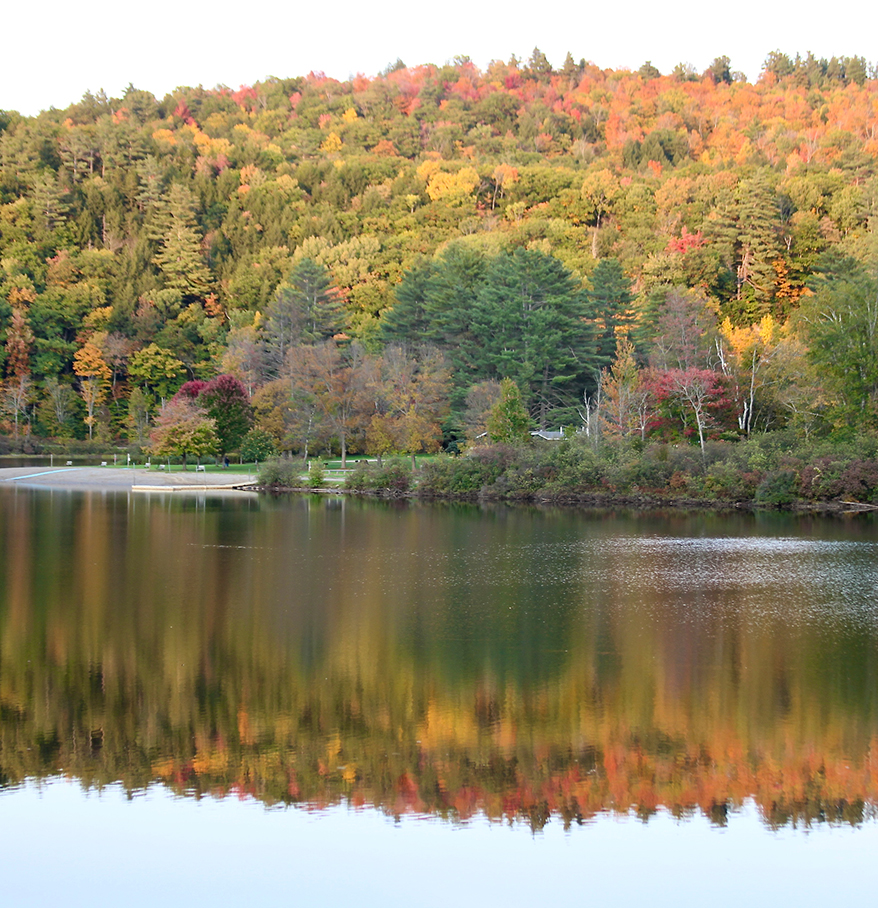 a lake with trees and a hill in the background