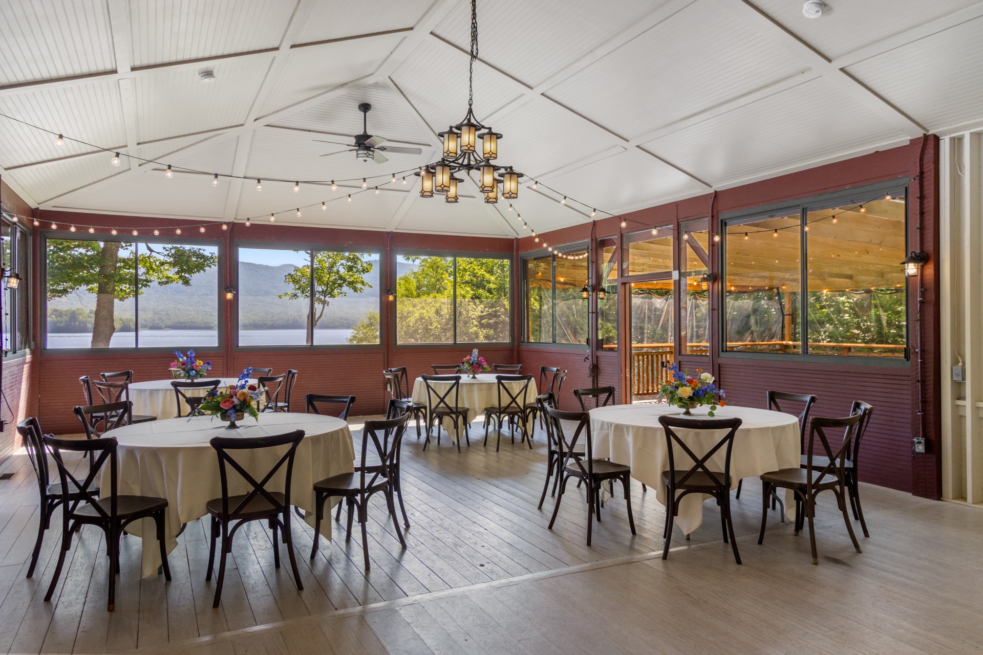 a room with tables and chairs